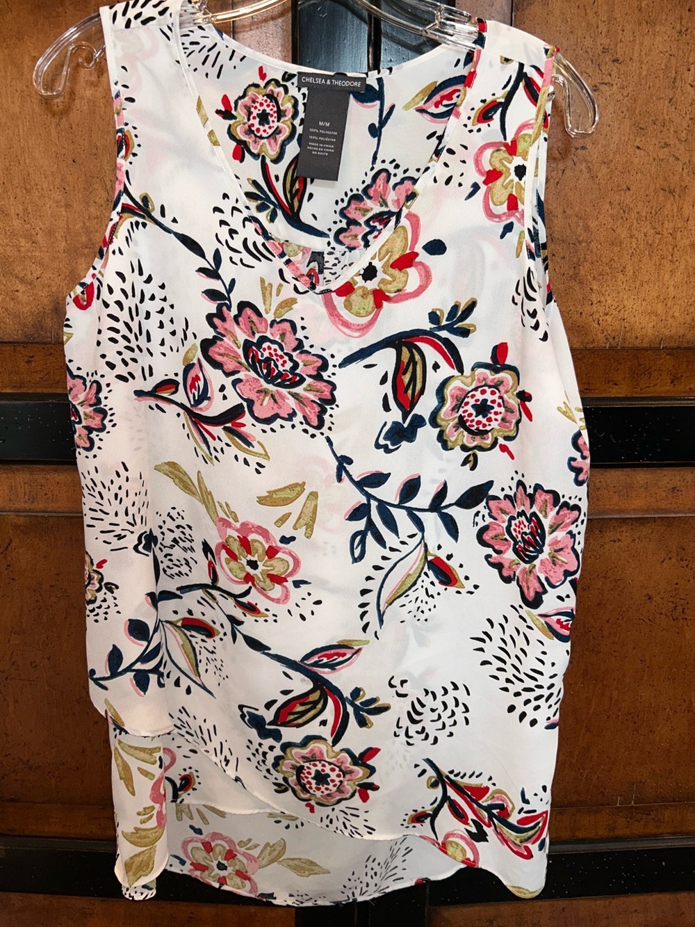 Chelsea & Theodore White Floral V-Neck Tank with Pink & Navy Accents